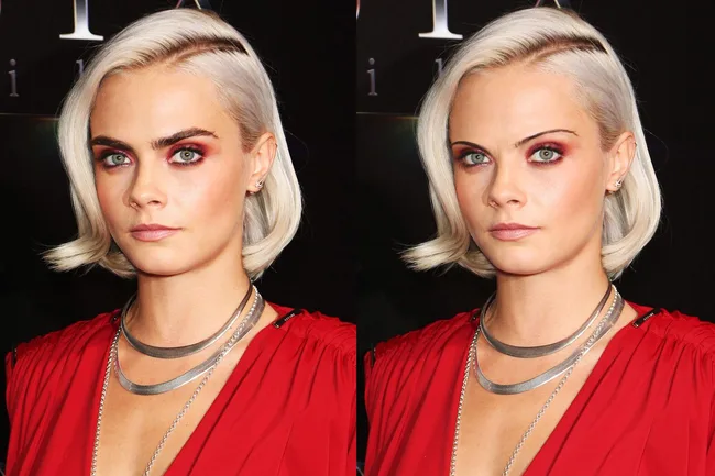 Twin portraits of a woman with platinum blonde bob, red eyeshadow, red dress, and layered silver necklaces.
