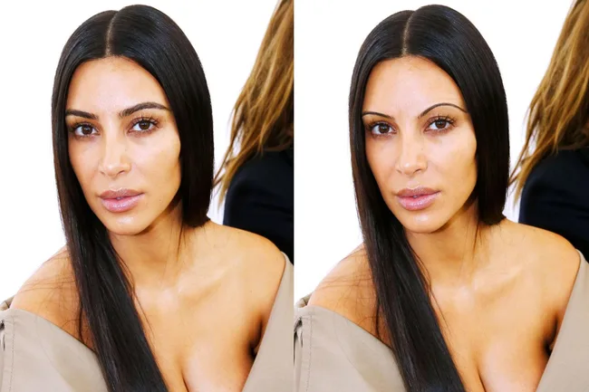 Two side-by-side images of the same woman with subtle differences in makeup, wearing a beige top.