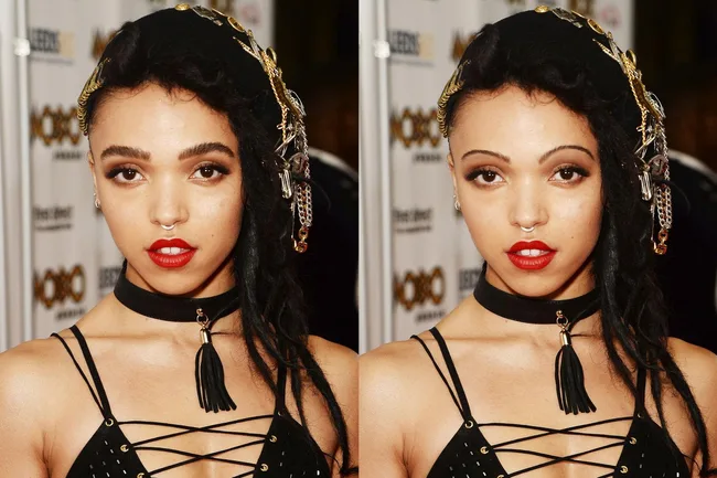 Two side-by-side identical images of a woman with red lipstick, a black choker, and embellished hair at an event.