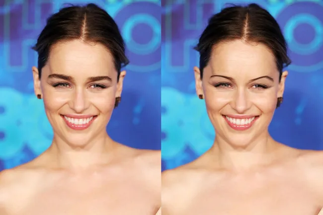 Two identical images of a smiling woman with short, dark hair, against a blue background.