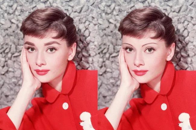 Two identical portraits of a woman in a red coat, staring with her chin resting on her hand.