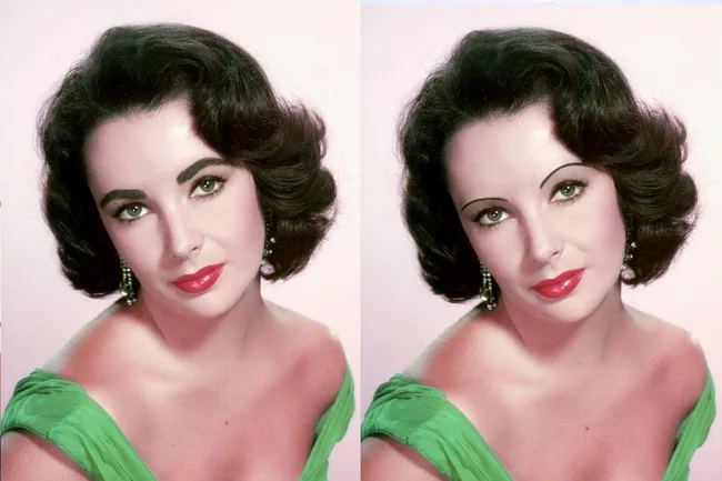 Two side-by-side portraits of a woman with dark hair, wearing a green dress and red lipstick.