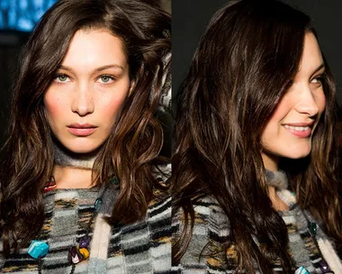 Close-up shots of a woman with long, wavy brown hair, looking directly at the camera and smiling in a side profile.