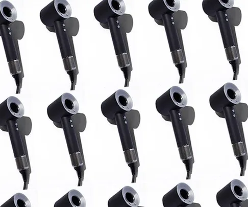 "Image showing multiple black hairdryers arranged in a grid pattern on a white background."