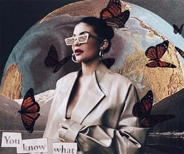 Woman in oversized coat and sunglasses with butterflies around, globe background. Text reads "You know what".