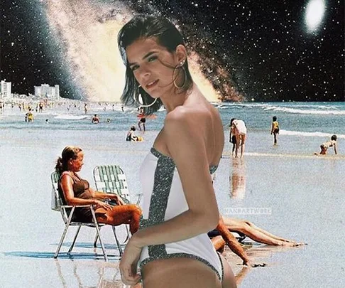 A woman in a swimsuit stands on a beach with a cosmic night sky backdrop.