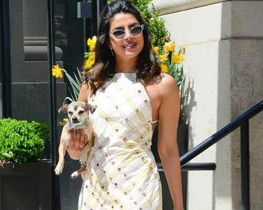 Woman in a stylish dress holding a small dog, stands outside with yellow flowers in the background.