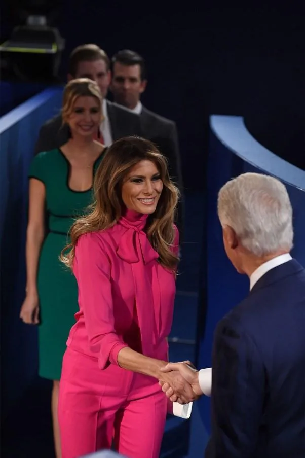 Melania Trump wearing her infamous pussy bow blouse