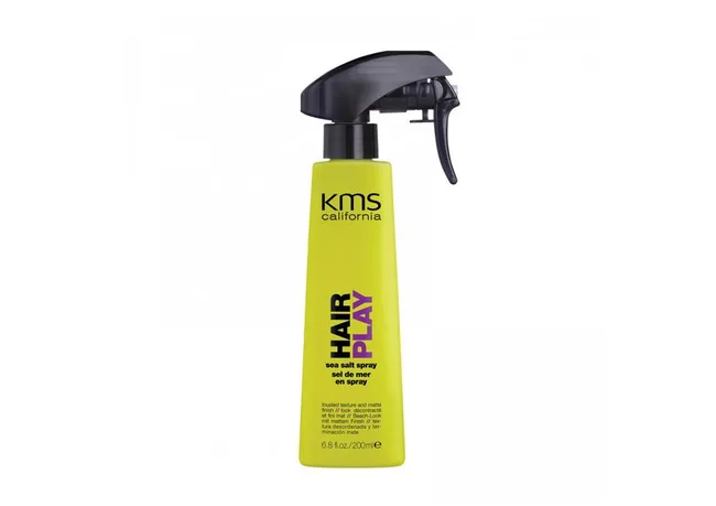 KMS California Hair Play Sea Salt Spray, yellow bottle with black spray nozzle, for textured and matte finish, 6.8 fl oz.