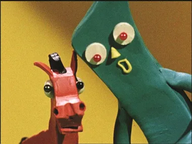 Gumby, a green clay figure, and Pokey, his red horse friend, from the animated series "Gumby," looking surprised.