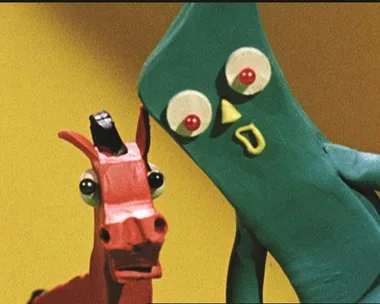 Gumby, a green clay figure, and Pokey, his red horse friend, from the animated series "Gumby," looking surprised.