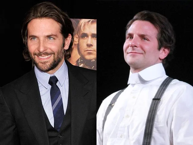 Image of a man in two settings: left in a suit, smiling; right in a stage costume with suspenders, looking upward.