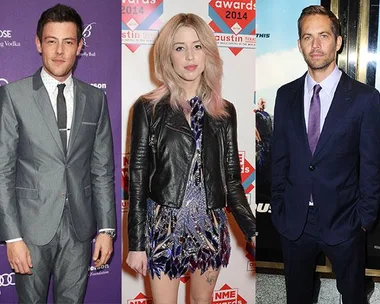 Three celebrities in formal wear on a red carpet, each posing individually.