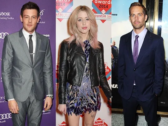 Three celebrities in formal wear on a red carpet, each posing individually.