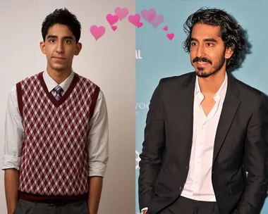 A young man in a sweater vest next to the same man older in a suit, with hearts above indicating transformation.