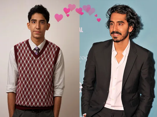 A young man in a sweater vest next to the same man older in a suit, with hearts above indicating transformation.