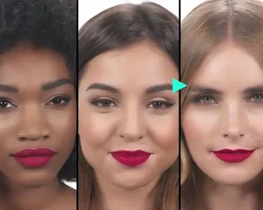 Three women with different skin tones wearing deep pink lipstick, showcasing Kylie Jenner Lip Kit shade.