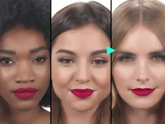 Three women with different skin tones wearing deep pink lipstick, showcasing Kylie Jenner Lip Kit shade.