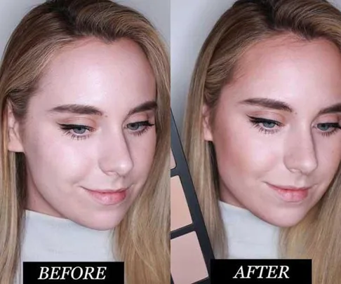 Before and after images of a woman using contour makeup, showcasing enhanced facial definition and makeup application.