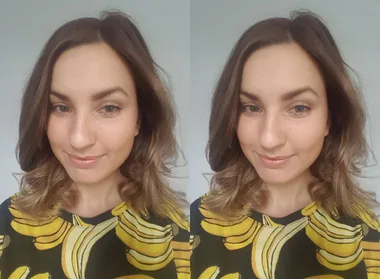 Side-by-side images of a woman with light makeup, brown hair, and a shirt with a banana pattern.
