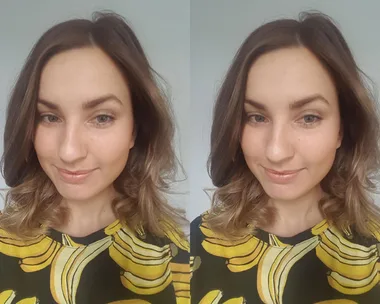 Side-by-side images of a woman with light makeup, brown hair, and a shirt with a banana pattern.
