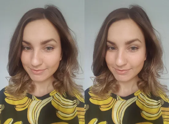 Side-by-side images of a woman with light makeup, brown hair, and a shirt with a banana pattern.