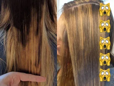 Side-by-side comparison of poorly done balayage with uneven streaks and corrected smooth highlights, with shocked cat emojis.