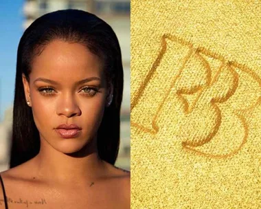 "Rihanna poses on left; 'FB' logo in golden sand on right for Fenty Beauty."