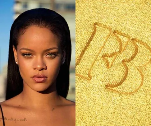 "Rihanna poses on left; 'FB' logo in golden sand on right for Fenty Beauty."