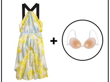 A yellow floral sundress with black straps is shown next to a strapless adhesive bra, indicating a pairing.