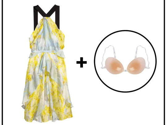 A yellow floral sundress with black straps is shown next to a strapless adhesive bra, indicating a pairing.