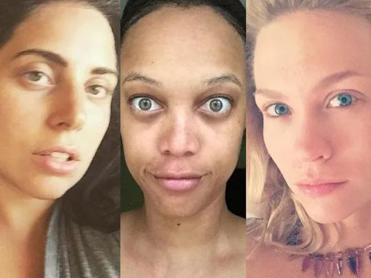 Three women without makeup, showing natural facial features, each looking directly at the camera in close-up portraits.