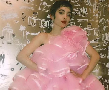 Person in a voluminous pink ruffled dress at the Golden Globes 2019 after-party, standing against a patterned backdrop.