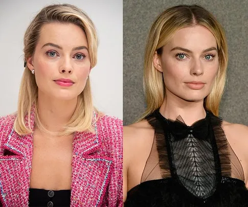 Two side-by-side images of a woman with blonde hair, wearing a pink jacket in one and a black dress in the other.