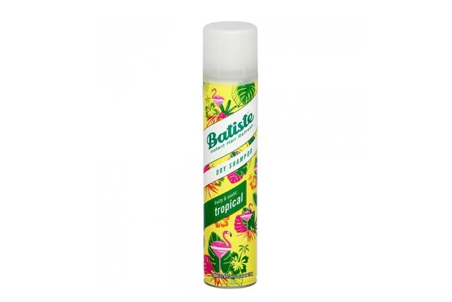 Batiste Tropical Dry Shampoo bottle with colorful palm and flamingo design on a white background.
