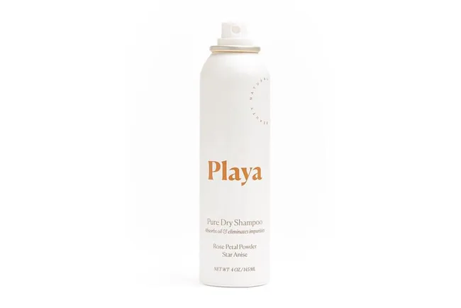 Playa Pure Dry Shampoo container, 4 oz, with rose petal powder and star anise, white background.