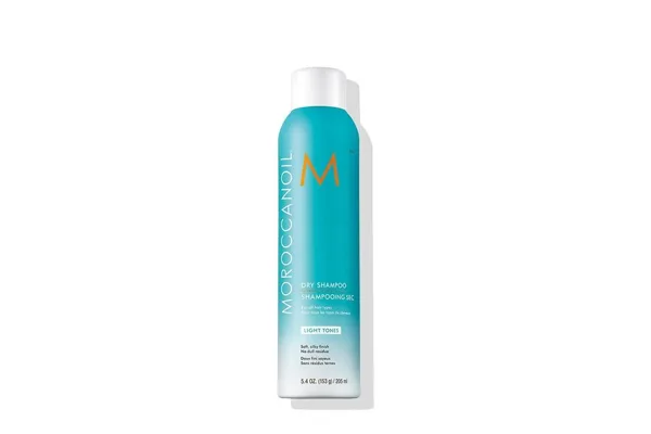 Moroccanoil Dry Shampoo for Light Tones, turquoise and white bottle, 5.4 oz, with orange "M" logo.