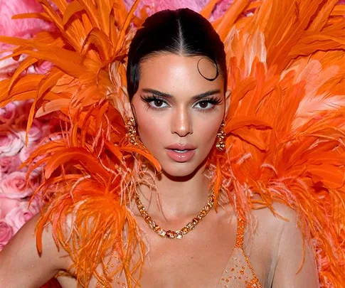 "Person at Met Gala 2019 in an extravagant orange feathered outfit with bold makeup and stylish hairstyle."