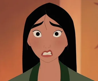 Mulan from the animated movie "Mulan," looking shocked with wide eyes and an open mouth.