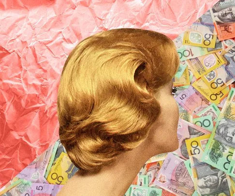 A woman's side profile with vintage hairstyle on a background of crumpled paper and scattered money notes.