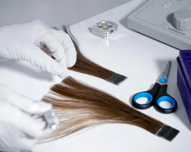 Gloved hands examining hair samples on a white table with scissors and lab equipment.