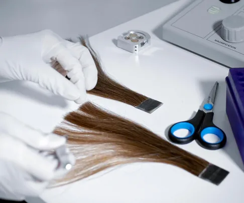 Gloved hands examining hair samples on a white table with scissors and lab equipment.