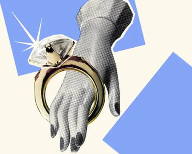 Illustration of a large diamond ring on a vintage-style hand with a blue and cream geometric background.