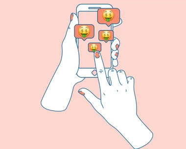 Illustration of hands using a smartphone with money bag icons on the screen, set against a pink background.