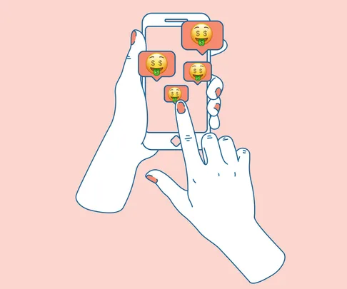 Illustration of hands using a smartphone with money bag icons on the screen, set against a pink background.