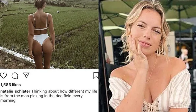 "Two photos: left, woman in bikini by rice field; right, same woman smiling, resting chin on hand."