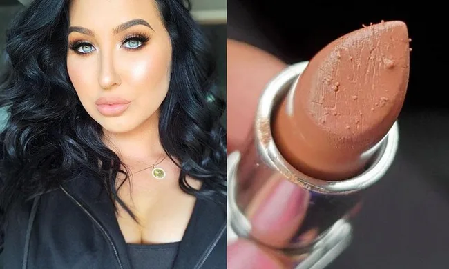"Close-up of a woman with dark hair and nude lipstick, next to an image of a textured brown lipstick bullet."