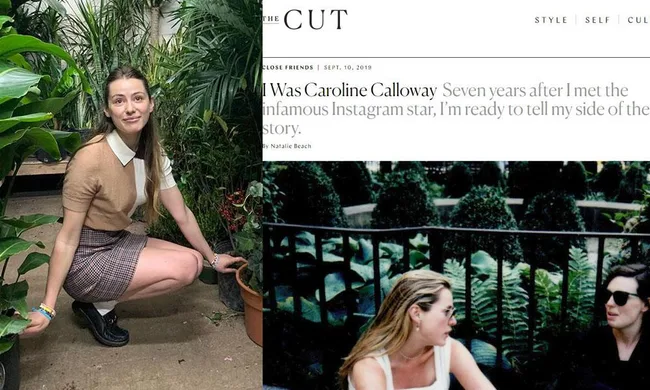 Young woman squatting among plants and article titled "I Was Caroline Calloway" on a split screen.