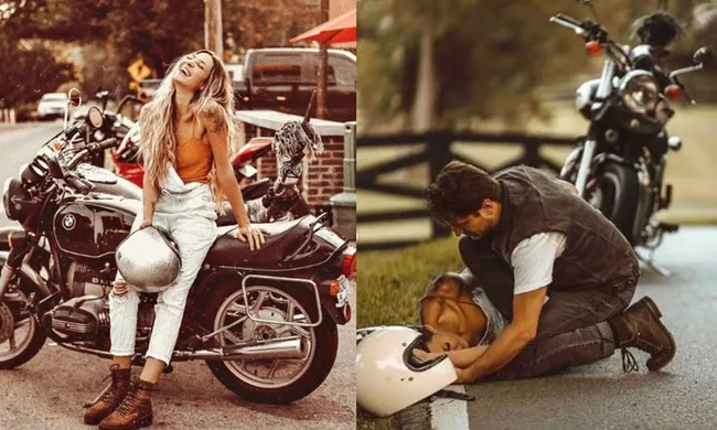 Young woman sits on motorcycle; scene with man tending to her on roadside next to motorcycles.