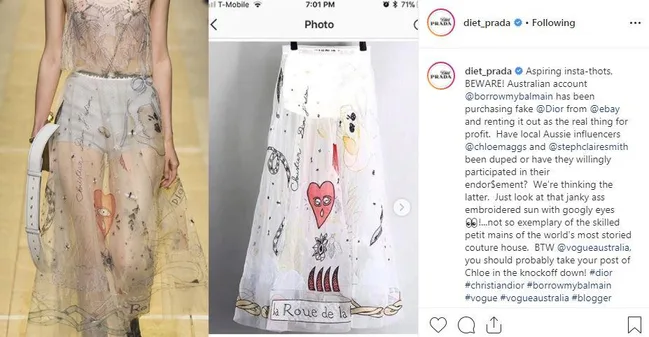 Two side-by-side images compare a real and fake Dior dress with embroidered designs and text overlay on Instagram.
